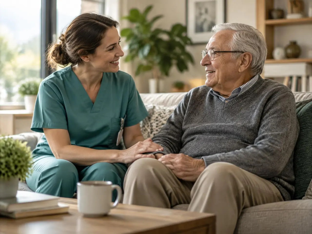 A care nurse sitting with an older man in his living room, talking together